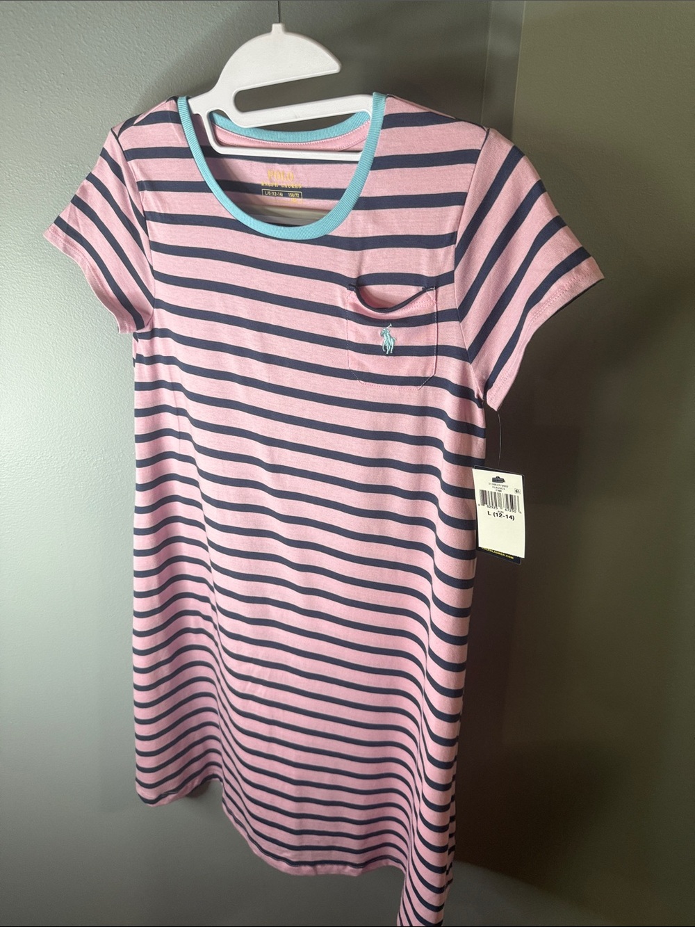 Ralph Lauren Pink and Navy Striped Pocket Tee Dress with Light Blue Trim